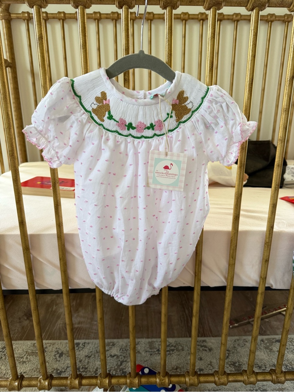 Smocked White & Pink Bunny One-Piece Bodysuit - Kids